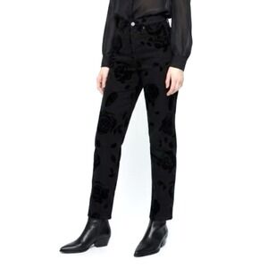 Wild Fable Black Floral Flocked Velvet Rose High Rise Straight Leg Jeans Size 00